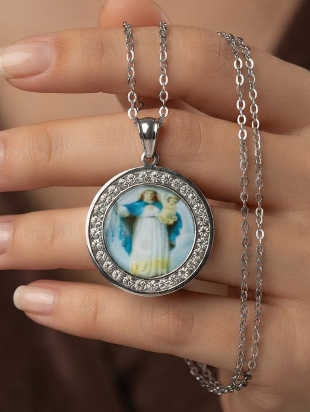 Stainless  Steel  Virgin Religious Portrait Pendant Necklace - Blue